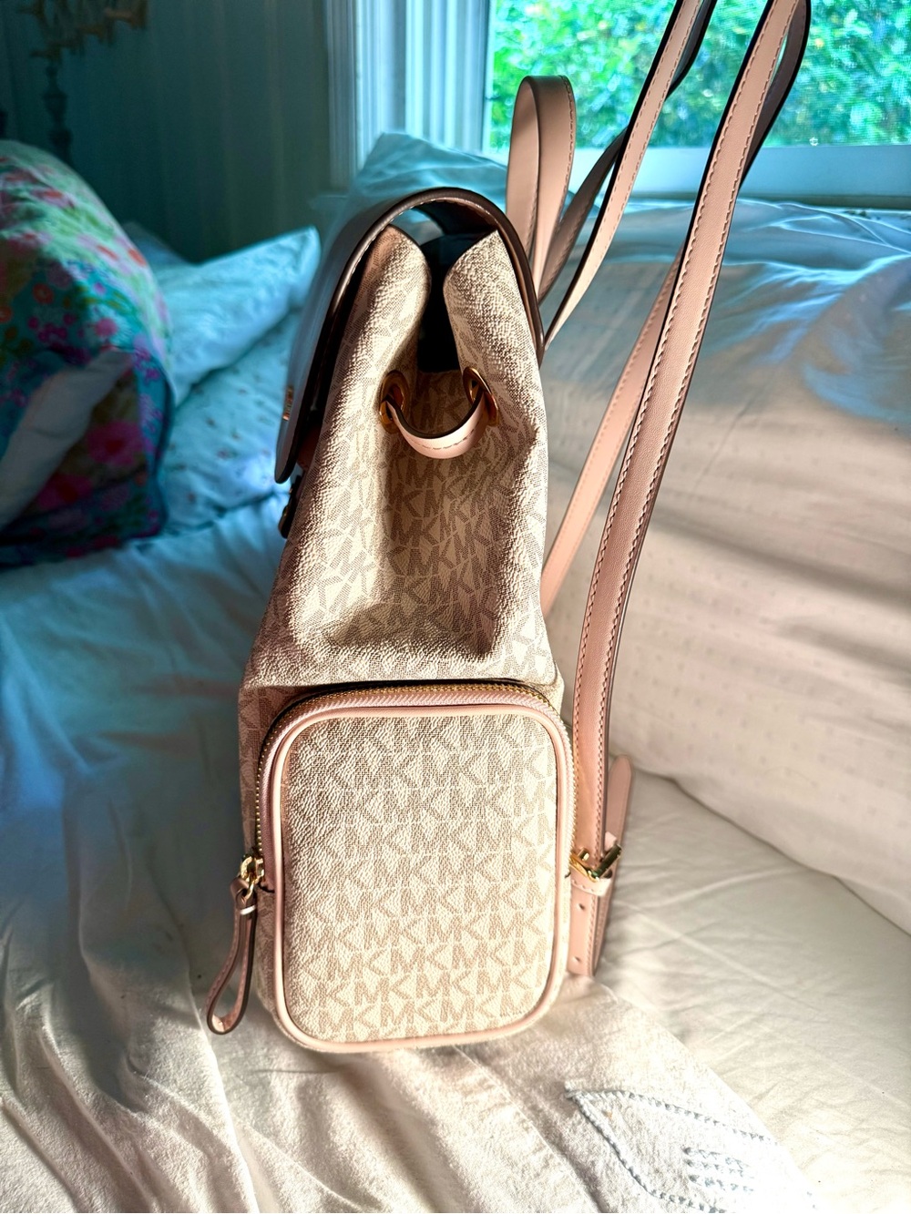 Michael Kors Beige Logo-Print Crossbody Backpack - Picture 3 of 6